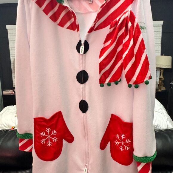Snowman Onesie Pj's Medium Christmas Holiday Hooded Costume Fleece - Picture 2 of 12